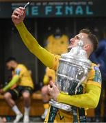 12 November 2023; Sam Curtis of St Patrick's Athletic celebrate with the FAI Cup after the Sports Direct FAI Cup Final between Bohemians and St Patrick's Athletic at the Aviva Stadium in Dublin. Photo by Stephen McCarthy/Sportsfile