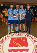 12 November 2023; St Patrick's Athletic goalkeepers, from left, Danny Rogers, Dean Lyness, Matt Boylan and goalkeeping coach Pat Jennings pose with the FAI Cup after the Sports Direct FAI Cup Final between Bohemians and St Patrick's Athletic at the Aviva Stadium in Dublin. Photo by Stephen McCarthy/Sportsfile