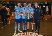 12 November 2023; St Patrick's Athletic goalkeepers, from left, Danny Rogers, Dean Lyness, Matt Boylan and goalkeeping coach Pat Jennings pose with the FAI Cup after the Sports Direct FAI Cup Final between Bohemians and St Patrick's Athletic at the Aviva Stadium in Dublin. Photo by Stephen McCarthy/Sportsfile