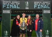 12 November 2023; Mason Melia of St Patrick's Athletic and family celebrate with the FAI Cup after the Sports Direct FAI Cup Final between Bohemians and St Patrick's Athletic at the Aviva Stadium in Dublin. Photo by Stephen McCarthy/Sportsfile