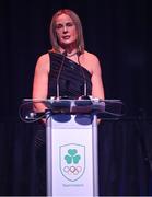 11 November 2023; Olympic Federation of Ireland president, Sarah Keane speaking at the Team Ireland Olympic Ball at the Mansion House in Dublin. The event was a joint celebration of the brilliant performances of Team Ireland athletes at the European Games this summer, as well as the announcement of the winners of the Olympic Federation of Ireland Annual Awards. The event was attended by the Minister for Tourism, Culture, Arts, Gaeltacht, Sport and Media, Catherine Martin TD, Minister of State for Sport and Physical Education, Thomas Byrne TD, Olympic medallists, European Games athletes, Team Ireland Sponsors and Partners, Sport Ireland and the wider Olympic family. Photo by David Fitzgerald/Sportsfile