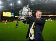 12 November 2023; St Patrick's Athletic manager Jon Daly celebrate with the FAI Cup after the Sports Direct FAI Cup Final between Bohemians and St Patrick's Athletic at the Aviva Stadium in Dublin. Photo by Stephen McCarthy/Sportsfile