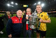 12 November 2023; St Patrick's Athletic head of analysis and coach Graham Kelly, Brian Kerr and Thijs Timmermans celebrate with the FAI Cup after the Sports Direct FAI Cup Final between Bohemians and St Patrick's Athletic at the Aviva Stadium in Dublin. Photo by Stephen McCarthy/Sportsfile