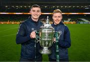 12 November 2023; St Patrick's Athletic head of performance Paul McGrath and head of medical Sam Rice, right, pose with the FAI Cup after the Sports Direct FAI Cup Final between Bohemians and St Patrick's Athletic at the Aviva Stadium in Dublin. Photo by Stephen McCarthy/Sportsfile