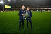 12 November 2023; St Patrick's Athletic head of performance Paul McGrath and head of medical Sam Rice, right, pose with the FAI Cup after the Sports Direct FAI Cup Final between Bohemians and St Patrick's Athletic at the Aviva Stadium in Dublin. Photo by Stephen McCarthy/Sportsfile