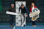 *** EMBARGO - STRICTLY NOT FOR PUBLICATION UNTIL 12:01am 14 November 2023 *** 13 November 2023; Olympian David Gillick, centre, with Mary O'Connor, Chief Executive Officer of the Federation of Irish Sport and Graham Russell, Head of Sport at Louth Sports Partnership in attendance to launch the Volunteers in Sport Awards at the Sports Campus in Dublin. Photo by David Fitzgerald/Sportsfile