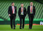 12 November 2023; Bohemians manager Declan Devine, left, with assistant manager Gary Cronin, centre, and goalkeeping coach Chris Bennion before the Sports Direct FAI Cup Final between Bohemians and St Patrick's Athletic at the Aviva Stadium in Dublin. Photo by Seb Daly/Sportsfile