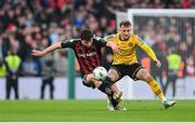 12 November 2023; James Clarke of Bohemians in action against Sam Curtis of St Patrick's Athletic during the Sports Direct FAI Cup Final between Bohemians and St Patrick's Athletic at the Aviva Stadium in Dublin. Photo by Seb Daly/Sportsfile