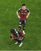 12 November 2023; Bohemians players, Ali Coote, top, and Jonathan Afolabi after the Sports Direct FAI Cup Final between Bohemians and St Patrick's Athletic at the Aviva Stadium in Dublin. Photo by Michael P Ryan/Sportsfile