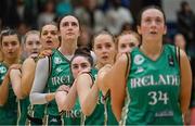 12 November 2023; Aine O'Connor of Ireland, and her teammates stand for the national anthems before the FIBA Women's EuroBasket Championship qualifier match between Ireland and France at the National Basketball Arena in Tallaght, Dublin. Photo by Brendan Moran/Sportsfile