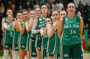 12 November 2023; Bridget Herlihy of Ireland, centre, and her teammates stand for the national anthems before the FIBA Women's EuroBasket Championship qualifier match between Ireland and France at the National Basketball Arena in Tallaght, Dublin. Photo by Brendan Moran/Sportsfile