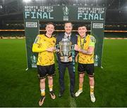 12 November 2023; St Patrick's Athletic manager Jon Daly, centre, Chris Forrester, left, and Joe Redmond, right, celebrate with the FAI Cup after the Sports Direct FAI Cup Final between Bohemians and St Patrick's Athletic at the Aviva Stadium in Dublin. Photo by Stephen McCarthy/Sportsfile