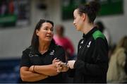 12 November 2023; Ireland assistant coach Jillian Hayes, left, and injured player Rachel Huijsdens before the FIBA Women's EuroBasket Championship qualifier match between Ireland and France at the National Basketball Arena in Tallaght, Dublin. Photo by Brendan Moran/Sportsfile
