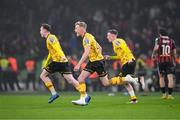 12 November 2023; St Patrick's Athletic players, from left, Conor Carty, Jay McGrath and Chris Forrester run from the bench to celebrate with team-mates at the final whistle of the Sports Direct FAI Cup Final between Bohemians and St Patrick's Athletic at the Aviva Stadium in Dublin. Photo by Stephen McCarthy/Sportsfile