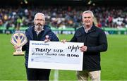 12 November 2023; Mick Murphy of Treaty United is presented with the Bank of Ireland Healty Football League award by Morgan Whelan, Bank of Ireland, branch manager at O'Connell Street, Limerick, at half-time of the Sports Direct FAI Cup Final between Bohemians and St Patrick's Athletic at the Aviva Stadium in Dublin. Photo by Stephen McCarthy/Sportsfile