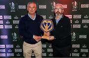 12 November 2023; Mick Murphy of Treaty United is presented with the Bank of Ireland Healty Football League award by Morgan Whelan, Bank of Ireland, branch manager at O'Connell Street, Limerick, before the Sports Direct FAI Cup Final between Bohemians and St Patrick's Athletic at the Aviva Stadium in Dublin. Photo by Stephen McCarthy/Sportsfile