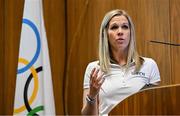 13 November 2023; Keynote speaker Female Coaching Network founder Vicky Huyton during the Olympic Federation of Ireland (OFI) National Action plan for gender equality in sport. The event saw the launch of the research commissioned by the OFI Gender Equality Commission into females in high-performance coaching in Olympic sports in Ireland, and also the launch of a programme with third-level institutions around Ireland, which will see the introduction of a module on the importance of increasing the visibility of women in sport in the media. The event was part of the National Action Plan which is part of the GAMES project which is a collaborative Erasmus + funded project with other EU countries, committing to address the achievement of equal leadership in sport. Photo by Brendan Moran/Sportsfile