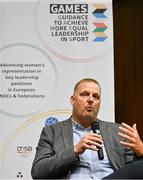 13 November 2023; Swim Ireland performance director Jon Rudd speaking during the Olympic Federation of Ireland (OFI) National Action plan for gender equality in sport. The event saw the launch of the research commissioned by the OFI Gender Equality Commission into females in high-performance coaching in Olympic sports in Ireland, and also the launch of a programme with third-level institutions around Ireland, which will see the introduction of a module on the importance of increasing the visibility of women in sport in the media. The event was part of the National Action Plan which is part of the GAMES project which is a collaborative Erasmus + funded project with other EU countries, committing to address the achievement of equal leadership in sport. Photo by Brendan Moran/Sportsfile
