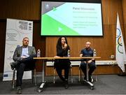 13 November 2023; Irish Athletic Boxing Association performance director Patricia Heberle, in the company of Swim Ireland performance director Jon Rudd, left, and Sport Ireland Head of high performance coaching Ciaran Ward speaking during a panel discussion at the Olympic Federation of Ireland (OFI) National Action plan for gender equality in sport. The event saw the launch of the research commissioned by the OFI Gender Equality Commission into females in high-performance coaching in Olympic sports in Ireland, and also the launch of a programme with third-level institutions around Ireland, which will see the introduction of a module on the importance of increasing the visibility of women in sport in the media. The event was part of the National Action Plan which is part of the GAMES project which is a collaborative Erasmus + funded project with other EU countries, committing to address the achievement of equal leadership in sport. Photo by Brendan Moran/Sportsfile