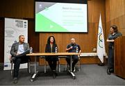 13 November 2023; Sport Ireland Head of high performance coaching Ciaran Ward, third from left, in the company of Swim Ireland performance director Jon Rudd, left, and Irish Athletic Boxing Association performance director Patricia Heberle and MC Heather Boyle, speaking during a panel discussion at the Olympic Federation of Ireland (OFI) National Action plan for gender equality in sport. The event saw the launch of the research commissioned by the OFI Gender Equality Commission into females in high-performance coaching in Olympic sports in Ireland, and also the launch of a programme with third-level institutions around Ireland, which will see the introduction of a module on the importance of increasing the visibility of women in sport in the media. The event was part of the National Action Plan which is part of the GAMES project which is a collaborative Erasmus + funded project with other EU countries, committing to address the achievement of equal leadership in sport. Photo by Brendan Moran/Sportsfile
