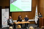 13 November 2023; Irish Athletic Boxing Association performance director Patricia Heberle, in the company of Swim Ireland performance director Jon Rudd, left, Sport Ireland Head of high performance coaching Ciaran Ward and MC Heather Boyle, speaking during a panel discussion at the Olympic Federation of Ireland (OFI) National Action plan for gender equality in sport. The event saw the launch of the research commissioned by the OFI Gender Equality Commission into females in high-performance coaching in Olympic sports in Ireland, and also the launch of a programme with third-level institutions around Ireland, which will see the introduction of a module on the importance of increasing the visibility of women in sport in the media. The event was part of the National Action Plan which is part of the GAMES project which is a collaborative Erasmus + funded project with other EU countries, committing to address the achievement of equal leadership in sport. Photo by Brendan Moran/Sportsfile