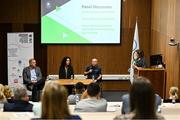 13 November 2023; Sport Ireland Head of high performance coaching Ciaran Ward, third from left, in the company of Swim Ireland performance director Jon Rudd, left, and Irish Athletic Boxing Association performance director Patricia Heberle and MC Heather Boyle, speaking during a panel discussion at the Olympic Federation of Ireland (OFI) National Action plan for gender equality in sport. The event saw the launch of the research commissioned by the OFI Gender Equality Commission into females in high-performance coaching in Olympic sports in Ireland, and also the launch of a programme with third-level institutions around Ireland, which will see the introduction of a module on the importance of increasing the visibility of women in sport in the media. The event was part of the National Action Plan which is part of the GAMES project which is a collaborative Erasmus + funded project with other EU countries, committing to address the achievement of equal leadership in sport. Photo by Brendan Moran/Sportsfile