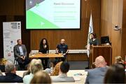 13 November 2023; Irish Athletic Boxing Association performance director Patricia Heberle, in the company of Swim Ireland performance director Jon Rudd, left, Sport Ireland Head of high performance coaching Ciaran Ward and MC Heather Boyle, speaking during a panel discussion at the Olympic Federation of Ireland (OFI) National Action plan for gender equality in sport. The event saw the launch of the research commissioned by the OFI Gender Equality Commission into females in high-performance coaching in Olympic sports in Ireland, and also the launch of a programme with third-level institutions around Ireland, which will see the introduction of a module on the importance of increasing the visibility of women in sport in the media. The event was part of the National Action Plan which is part of the GAMES project which is a collaborative Erasmus + funded project with other EU countries, committing to address the achievement of equal leadership in sport. Photo by Brendan Moran/Sportsfile