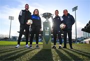 14 November 2023; In attendance, from left, Athlone Town head coach Ciaran Kilduff, Athlone Town captain Laurie Ryan, Shelbourne captain Pearl Slattery and Shelbourne head coach Noel King stand for a portrait during a media day at Tallaght Stadium in Dublin, ahead of the Sports Direct Women's FAI Cup Final between Athlone Town FC v Shelbourne FC. Photo by Ben McShane/Sportsfile