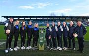 14 November 2023; In attendance, from left, Athlone town head coach Ciarán Kilduff, Katie Keane of Athlone Town, Dana Scheriff of Athlone Town, Kayleigh Shine of Athlone Town, Athlone Town captain Laurie Ryan, Shelbourne captain Pearl Slattery, Rebecca Devereux, Leah Doyle, Hannah Healy, Shelbourne first team coach Joey Malone and Shelbourne head coach Noel King during a media day at Tallaght Stadium in Dublin, ahead of the Sports Direct Women's FAI Cup Final between Athlone Town FC v Shelbourne FC. Photo by Ben McShane/Sportsfile