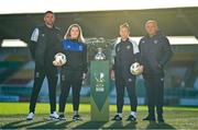 14 November 2023; In attendance, from left, Athlone Town head coach Ciaran Kilduff, Athlone Town captain Laurie Ryan, Shelbourne captain Pearl Slattery and Shelbourne head coach Noel King stand for a portrait during a media day at Tallaght Stadium in Dublin, ahead of the Sports Direct Women's FAI Cup Final between Athlone Town FC v Shelbourne FC. Photo by Ben McShane/Sportsfile