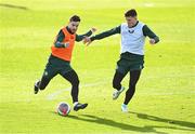 14 November 2023; Mikey Johnston, left, and Dara O'Shea during a Republic of Ireland training session at the FAI National Training Centre in Abbotstown, Dublin. Photo by Stephen McCarthy/Sportsfile
