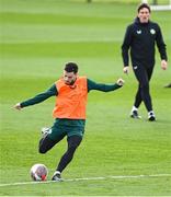 14 November 2023; Mikey Johnston is encouraged by coach Keith Andrews during a Republic of Ireland training session at the FAI National Training Centre in Abbotstown, Dublin. Photo by Stephen McCarthy/Sportsfile