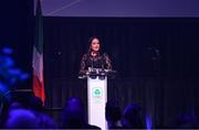 11 November 2023; Minister for Tourism, Culture, Arts, Gaeltacht, Sport and Media Catherine Martin TD speaking during the Team Ireland Olympic Ball at the Mansion House in Dublin. The event was a joint celebration of the brilliant performances of Team Ireland athletes at the European Games this summer, as well as the announcement of the winners of the Olympic Federation of Ireland Annual Awards. The event was attended by the Minister for Tourism, Culture, Arts, Gaeltacht, Sport and Media, Catherine Martin TD, Minister of State for Sport and Physical Education, Thomas Byrne TD, Olympic medallists, European Games athletes, Team Ireland Sponsors and Partners, Sport Ireland and the wider Olympic family. Photo by Brendan Moran/Sportsfile