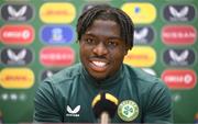 14 November 2023; Festy Ebosele during a Republic of Ireland press conference at the FAI Headquarters in Abbotstown, Dublin. Photo by Stephen McCarthy/Sportsfile