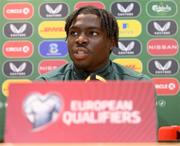 14 November 2023; Festy Ebosele during a Republic of Ireland press conference at the FAI Headquarters in Abbotstown, Dublin. Photo by Stephen McCarthy/Sportsfile