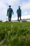 14 November 2023; Adam Idah and Andrew Omobamidele, right, during a Republic of Ireland training session at the FAI National Training Centre in Abbotstown, Dublin. Photo by Stephen McCarthy/Sportsfile