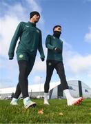 14 November 2023; Adam Idah and Andrew Omobamidele, right, during a Republic of Ireland training session at the FAI National Training Centre in Abbotstown, Dublin. Photo by Stephen McCarthy/Sportsfile