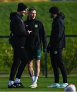 14 November 2023; Coach John O'Shea with Alan Browne and Troy Parrott, right, during a Republic of Ireland training session at the FAI National Training Centre in Abbotstown, Dublin. Photo by Stephen McCarthy/Sportsfile