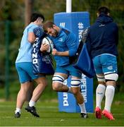 14 November 2023; Ross Molony, centre, with Thomas Clarkson and Brian Deeny during Leinster rugby squad training at UCD in Dublin. Photo by Brendan Moran/Sportsfile