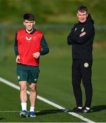 14 November 2023; Andrew Moran and manager Manager Stephen Kenny during a Republic of Ireland training session at the FAI National Training Centre in Abbotstown, Dublin. Photo by Stephen McCarthy/Sportsfile