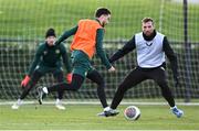 14 November 2023; Mikey Johnston and Shane Duffy, right, during a Republic of Ireland training session at the FAI National Training Centre in Abbotstown, Dublin. Photo by Stephen McCarthy/Sportsfile