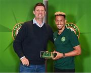 13 November 2023; Callum Robinson is presented with his 2022-2023 Republic of Ireland international cap by former Republic of Ireland player Niall Quinn at the Castleknock Hotel in Dublin. Photo by Stephen McCarthy/Sportsfile