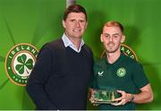 13 November 2023; Mark Sykes is presented with his 2022-2023 Republic of Ireland international cap by former Republic of Ireland player Niall Quinn at the Castleknock Hotel in Dublin. Photo by Stephen McCarthy/Sportsfile