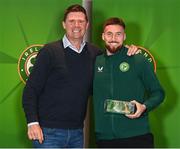 13 November 2023; Matt Doherty is presented with his 2022-2023 Republic of Ireland international cap by former Republic of Ireland player Niall Quinn at the Castleknock Hotel in Dublin. Photo by Stephen McCarthy/Sportsfile