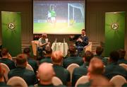 13 November 2023; Former Republic of Ireland player Niall Quinn is interviewed by Mark McCadden during the 2022-2023 Republic of Ireland international caps presentation at the Castleknock Hotel in Dublin. Photo by Stephen McCarthy/Sportsfile