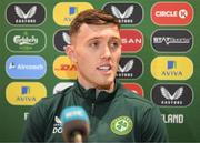 15 November 2023; Dara O'Shea during a Republic of Ireland press conference at the FAI Headquarters in Abbotstown, Dublin. Photo by Stephen McCarthy/Sportsfile