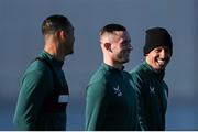 15 November 2023; Callum Robinson, right, with team-mates Alan Browne, centre, and Adam Idah, left, during a Republic of Ireland training session at the FAI National Training Centre in Abbotstown, Dublin. Photo by Stephen McCarthy/Sportsfile