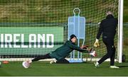 15 November 2023; Goalkeeper Caoimhin Kelleher and goalkeeping coach Dean Kiely during a Republic of Ireland training session at the FAI National Training Centre in Abbotstown, Dublin. Photo by Stephen McCarthy/Sportsfile