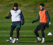 15 November 2023; Callum Robinson and Andrew Omobamidele, right, during a Republic of Ireland training session at the FAI National Training Centre in Abbotstown, Dublin. Photo by Stephen McCarthy/Sportsfile