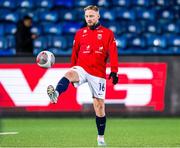 17 November 2023; Eskil Smidesang Edh of Norway warms up before the UEFA European Under-21 Championship Qualifier match between Norway and Republic of Ireland at Marienlyst Stadion in Drammen, Norway. Photo by Marius Simensen/Sportsfile